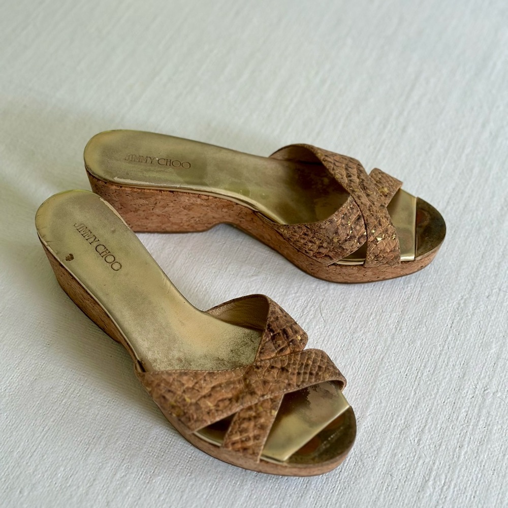 Jimmy Choo Vintage Cork Wedge Sandals Snakeskin 38 1/2